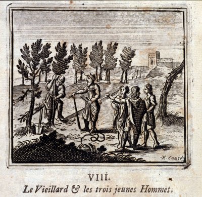 Il vecchio e i tre giovani. Favole di Jean de La Fontaine (1621-95). Illustrazione di François Chauveau (1613-1676). Edizione del 1728. da Francois Chauveau