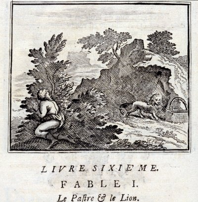 La pantera e il leone. Favole di Jean de La Fontaine. Illustrazione di François Chauveau. Edizione del 1728 da Francois Chauveau