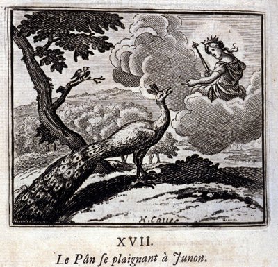 Il pavone che si lamenta con Giunone. Favole di Jean de La Fontaine. Illustrazione di François Chauveau. Edizione del 1728 da Francois Chauveau