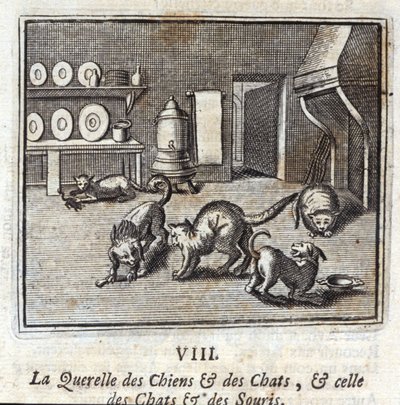La querelle tra cani e gatti, e quella tra gatti e topi. Favole di Jean de La Fontaine. Illustrazione di François Chauveau. Edizione del 1728. da Francois Chauveau