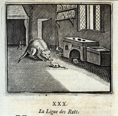 La Lega dei Ratti. Favole di Jean de La Fontaine (1621-95). Illustrazione di François Chauveau (1613-1676). Edizione del 1728 da Francois Chauveau