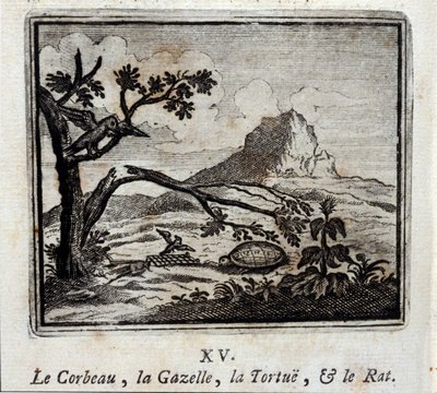 Il corvo, la gazzella, la tartaruga e il topo. Favole di Jean de La Fontaine (1621-95). Illustrazione di François Chauveau (1613-1676). Edizione del 1728. da Francois Chauveau