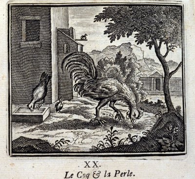 Il gallo e la perla. Favole di Jean de La Fontaine (1621-95). Illustrazione di François Chauveau (1613-1676). Edizione del 1728 da Francois Chauveau