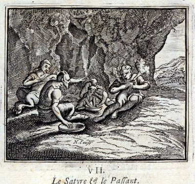 Il Satiro e il Passeggero. Favole di Jean de La Fontaine (1621-95). Illustrazione di François Chauveau (1613-1676). Edizione del 1728 da Francois Chauveau