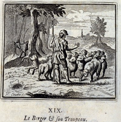 Il Pastore e il suo gregge. Favole di Jean de La Fontaine (1621-95). Illustrazione di François Chauveau (1613-1676). Edizione del 1728 da Francois Chauveau