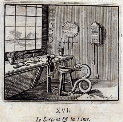 Il serpente e la calce. Favole di Jean de La Fontaine (1621-95). Illustrazione di François Chauveau (1613-1676). Edizione del 1728 da Francois Chauveau