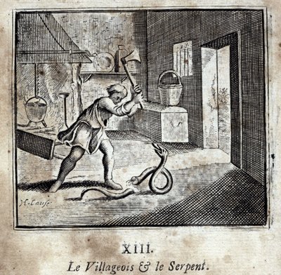 Il villano e il serpente. Favole di Jean de La Fontaine. Illustrazione di François Chauveau. Edizione del 1728. da Francois Chauveau