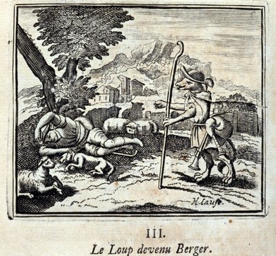 Il lupo diventato pastore. Favole di Jean de La Fontaine. Illustrazione di François Chauveau. Edizione del 1728 da Francois Chauveau