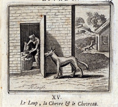 Il lupo, la capra e il capretto. Favole di Jean de La Fontaine. Illustrazione di François Chauveau. Edizione del 1728 da Francois Chauveau