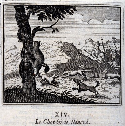Il gatto e la volpe. Favole di Jean de La Fontaine. Illustrazione di François Chauveau. Edizione del 1728 da Francois Chauveau