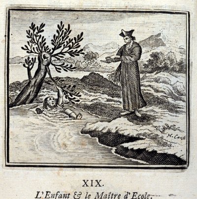 Il bambino e il maestro di scuola. Favole di Jean de La Fontaine (1621-95). Illustrazione di François Chauveau (1613-1676). Edizione del 1728 da Francois Chauveau