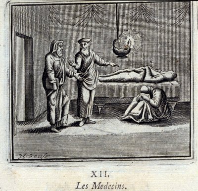 I dottori. Favole di Jean de La Fontaine. Illustrazione di François Chauveau. Edizione del 1728 da Francois Chauveau