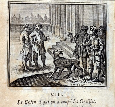 Il cane a cui hanno tagliato le orecchie. Favole di Jean de La Fontaine. Illustrazione di François Chauveau. Edizione del 1728 da Francois Chauveau