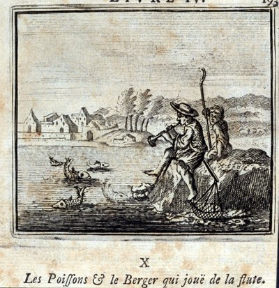 Il pesce e il pastore che suona il flauto. Favole di Jean de La Fontaine. Illustrazione di François Chauveau. Edizione del 1728 da Francois Chauveau