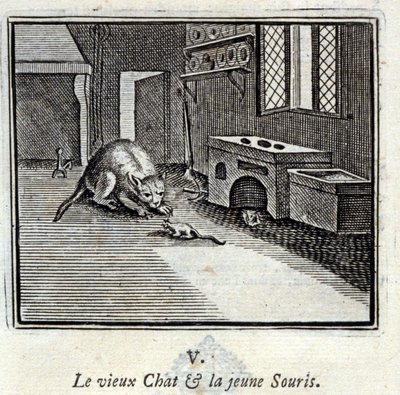 Il vecchio gatto e il giovane topo. Favole di Jean de La Fontaine. Illustrazione di François Chauveau. Edizione del 1728. da Francois Chauveau