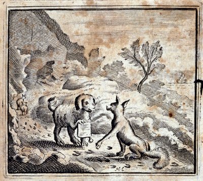Il leone malato e la volpe. Favole di Jean de La Fontaine (1621-95). Illustrazione di François Chauveau (1613-1676). Edizione del 1728 da Francois Chauveau