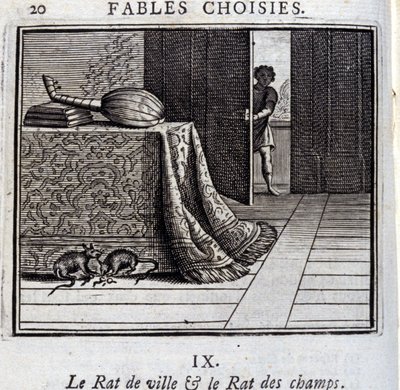 Il topo di città e il topo di campagna. Favole di Jean de La Fontaine (1621-95). Illustrazione di François Chauveau (1613-1676). Edizione del 1728. da Francois Chauveau