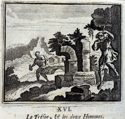 Il tesoro e i due uomini. Favole di Jean de La Fontaine (1621-95). Illustrazione di François Chauveau (1613-1676). Edizione del 1728 da Francois Chauveau