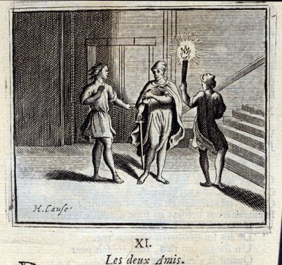 I due amici. Favole di Jean de La Fontaine (1621-95). Illustrazione di François Chauveau (1613-1676). Edizione del 1728 da Francois Chauveau