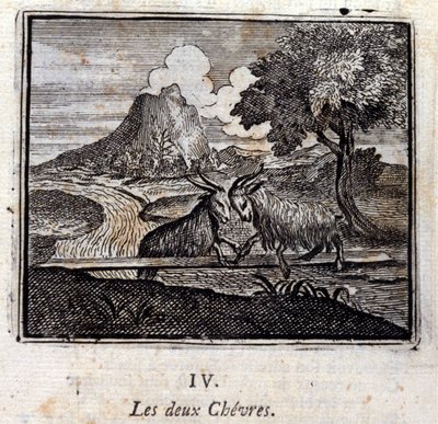 Le due capre. Favole di Jean de La Fontaine (1621-95). Illustrazione di François Chauveau (1613-1676). Edizione del 1728 da Francois Chauveau
