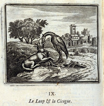 Il lupo e la cicogna. Favole di Jean de La Fontaine (1621-95). Illustrazione di François Chauveau (1613-1676). Edizione del 1728. da Francois Chauveau