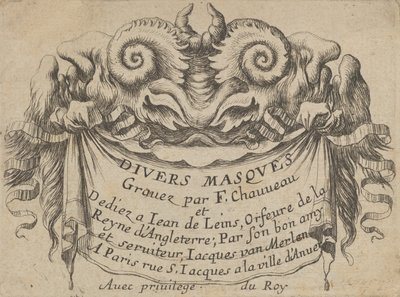 Tavola del titolo con due teste di satiro, da Divers Masques da Francois Chauveau