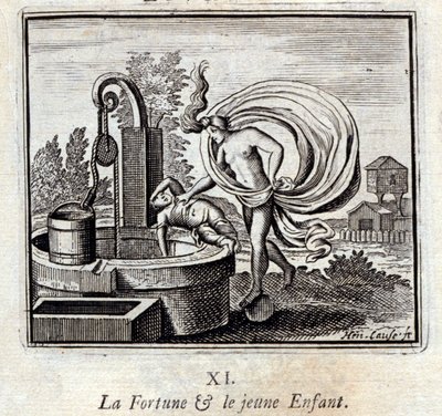 La Fortuna e il Bambino. Favole di Jean de La Fontaine (1621-95). Illustrazione di François Chauveau (1613-1676). Edizione del 1728 da Francois Chauveau