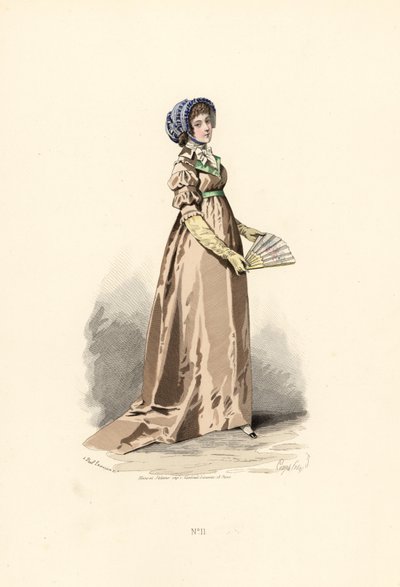 Donna in abito color nocciola, fichu-chemise e cappello blu da Francois Claudius (after) Compte Calix