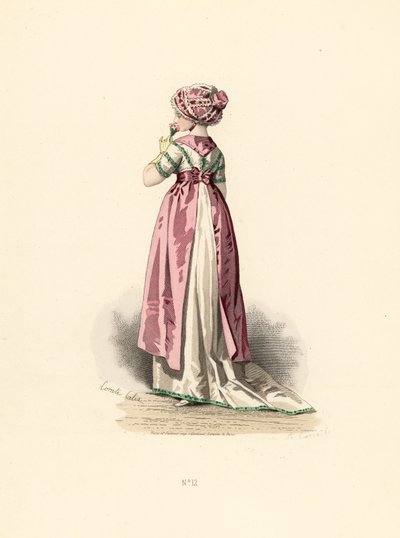 Donna in abito bianco e corsetto con rifiniture verdi, grembiule rosa da Francois Claudius (after) Compte Calix