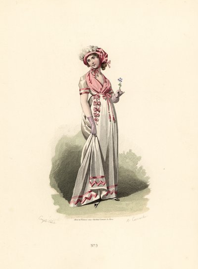 Donna in abito bianco, fichu rosa e corsage da Francois Claudius (after) Compte Calix