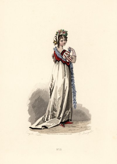 Donna in abito bianco con rifiniture in velluto nero da Francois Claudius (after) Compte Calix