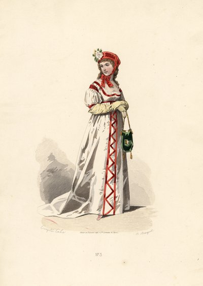 Donna in abito bianco con disegno in velluto da Francois Claudius (after) Compte Calix