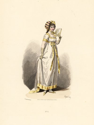 Donna in abito bianco con rifiniture gialle con ventaglio da Francois Claudius (after) Compte Calix