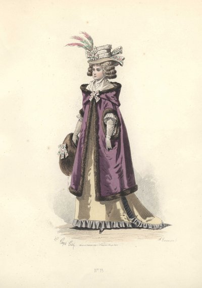 Donna in cappotto con cappuccio foderato di pelliccia, epoca di Maria Antonietta da Francois Claudius Compte Calix