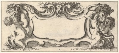 Tavola 2: un cartiglio con un bambino visto di spalle a sinistra e un bambino visto da..., ca. 1640-45 da Francois Collignon