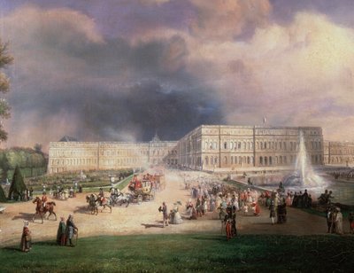 Luigi Filippo Re di Francia, la sua famiglia e la Duchessa di Kent assistono alle Grandes Eaux a Versailles, Francia, maggio 1844 (dettaglio) da Francois Edme Ricois