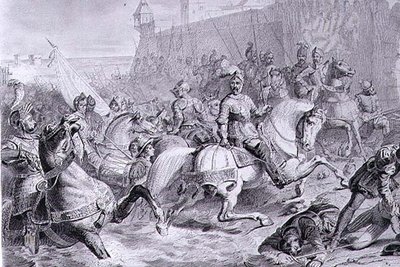 La presa di Calais da parte di Francesco, 2° duca di Guisa (1519-63) nel 1558, inciso da Amedee Felix Barthelemy Geilee (1802-43) da Francois Edouard (after) Picot