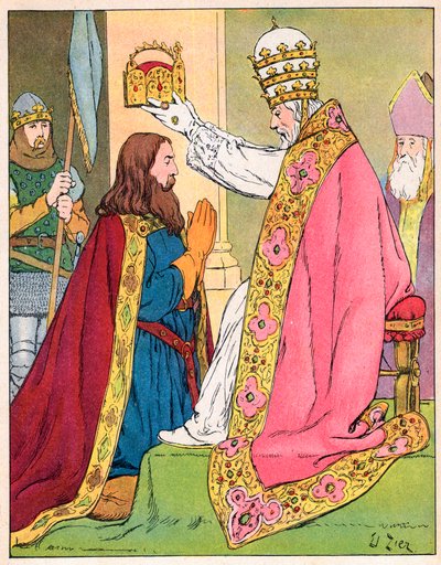 Carlo Magno (742-814) incoronato da Papa Leone III (c750-816) nella basilica di San Pietro a Roma il 25 dicembre 800 - Incoronazione di Carlo Magno (742-814) nel 800 da Papa Leone III - Illustrazione di Francois Zier (1856-1924) tratta da 