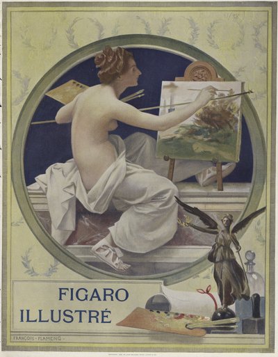 Una donna parzialmente nuda che dipinge a un cavalletto da Francois Flameng