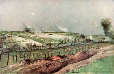 Notre Dame de Lorette e St Nazaire, Ablain, durante il bombardamento, Artois, Francia, 1915, 1926 da Francois Flameng