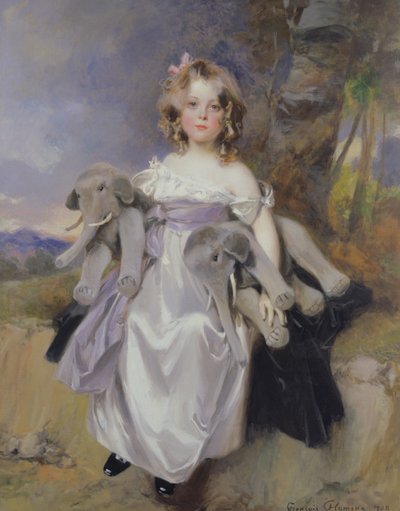 Ritratto di una ragazza con elefanti giocattolo, 1908 da Francois Flameng