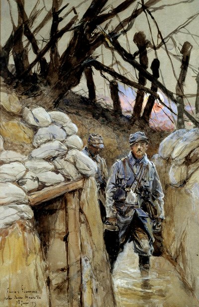 Prima Guerra Mondiale: un soldato di corvée di zuppa nella trincea Notre-Dame-de-Lorette 28/06/1915 (acquerello di Francois Flameng) da Francois Flameng