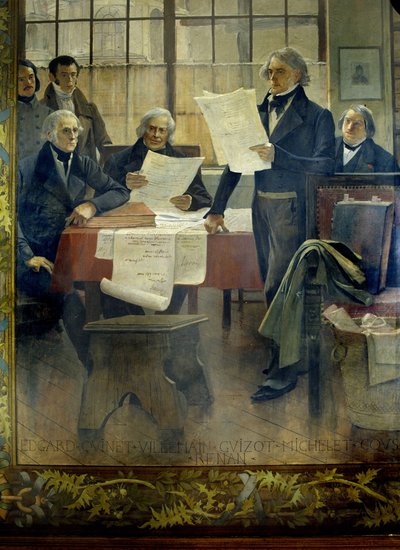 Scrittori del XIX secolo: Edgar Quinet, Abel François Villemain, François Guizot, Jules Michelet, Victor Cousin, Ernest Renan - tela marouflée di François Flameng (1856-1923), Università della Sorbona, Parigi da Francois Flameng