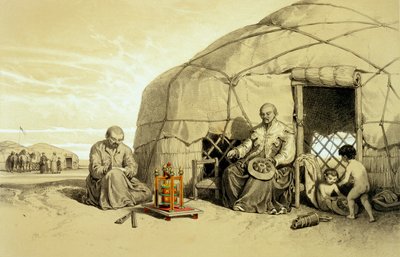 Calmucchi con una ruota di preghiera, Siberia, illustrazione da 