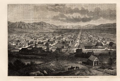 Panorama della città del grande lago sporco, citando i Santi (Utah), disegno di Ferogio, per illustrare il viaggio di Richard Burton nella città dei Santi, capitale della terra dei Mormoni, nel 1860. Incisione in Le tour du monde, a cura di Edouard Charton da Francois Fortune Antoine (after) Ferogio