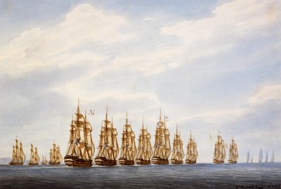 Partenza di uno squadrone di nove navi, tre fregate e tre corvette, acquerello di Francois Roux, Francia da Francois Geoffroy Roux