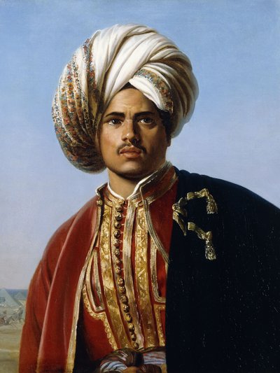Ritratto di un principe ottomano, mezzo busto, in rosso e oro da Francois Henri Alexandre La Fond