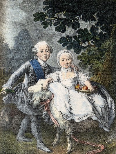 Il Conte di Artois bambino (futuro Re Carlo X) (1757-1836) e sua sorella Marie Clotilde Xavière (futura Regina di Sardegna) (1759-1802) - rappresentati nel 1764. Incisione del XIX secolo dopo il dipinto di François Hubert Drouais da Francois Hubert (manner of) Drouais