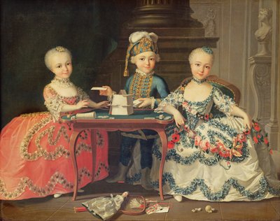 Ritratto di gruppo di un ragazzo e due ragazze che costruiscono una casa di carte con altri giochi sul tavolo da Francois Hubert Drouais