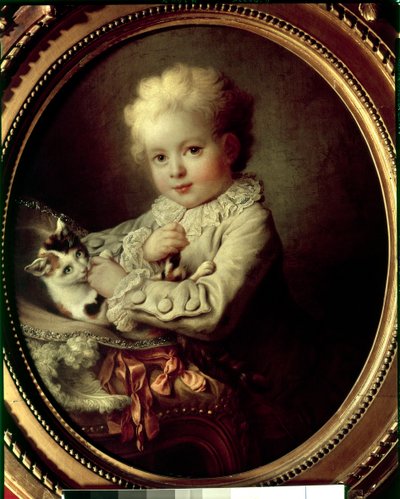 Ritratto di un giovane ragazzo che gioca con un gatto da Francois Hubert Drouais